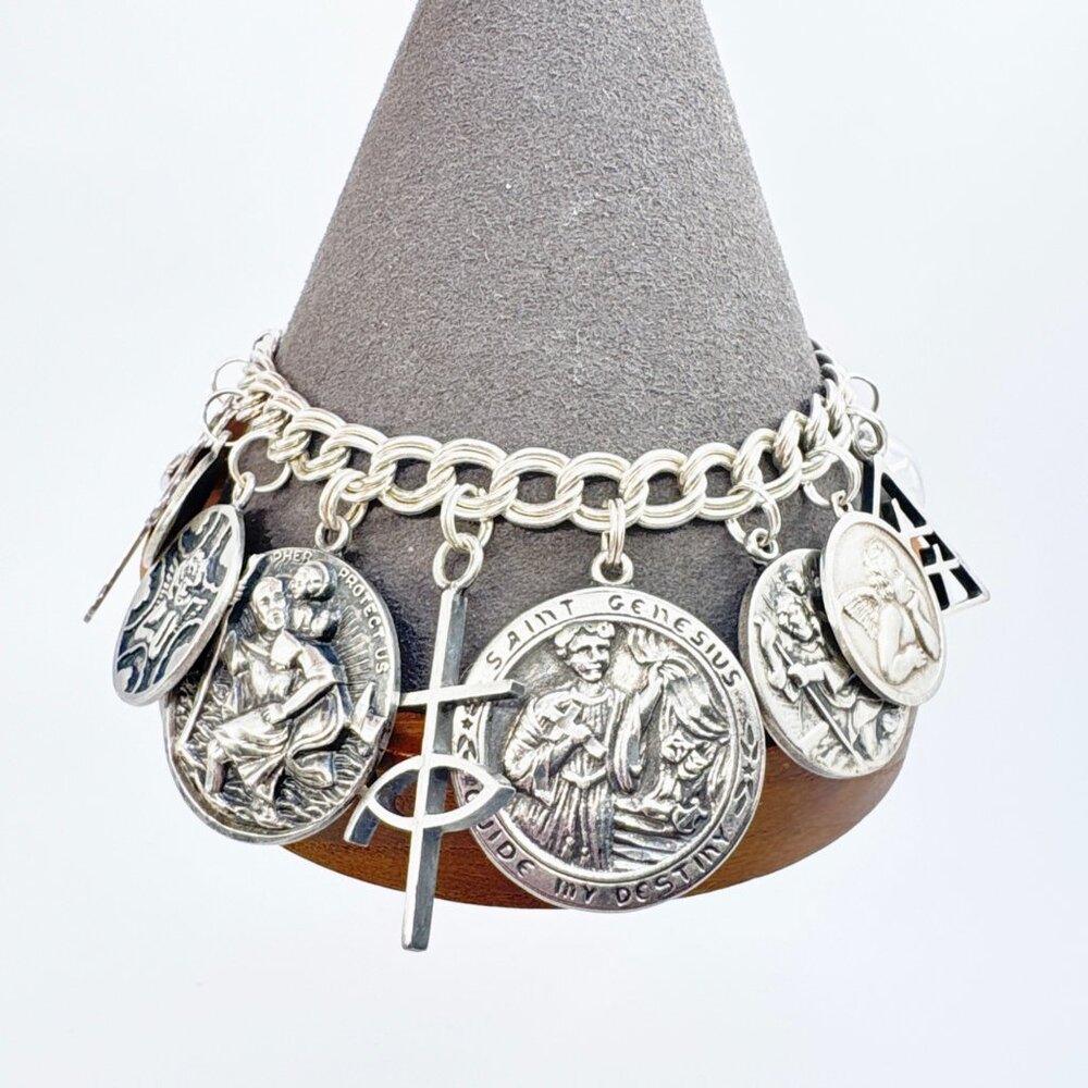 Saints & Cross Heavy Charm Bracelet VTG Sterling Silver 925 Size 7.75" Length